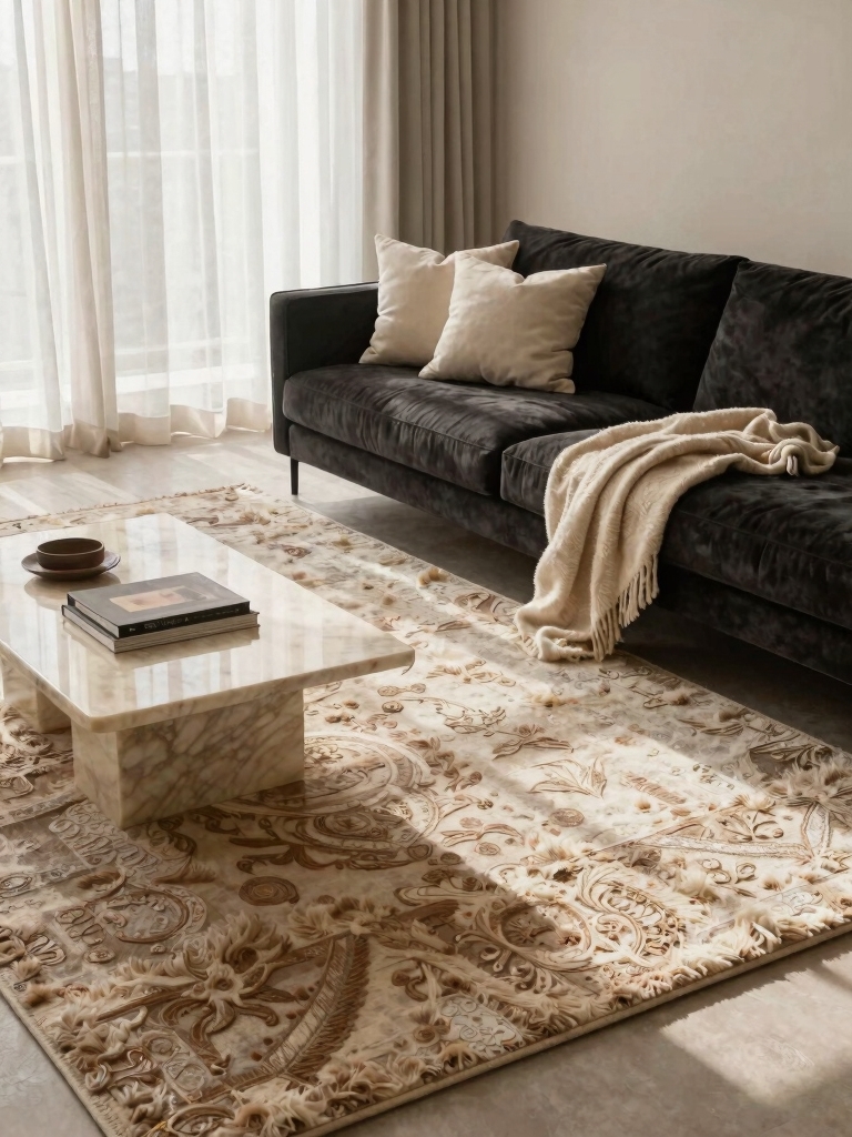 plush rug defines relaxation space