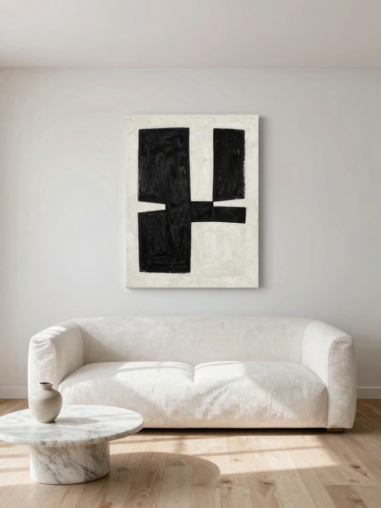 statement artwork above sofa