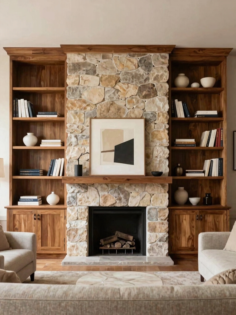 symmetrical shelving frames fireplace