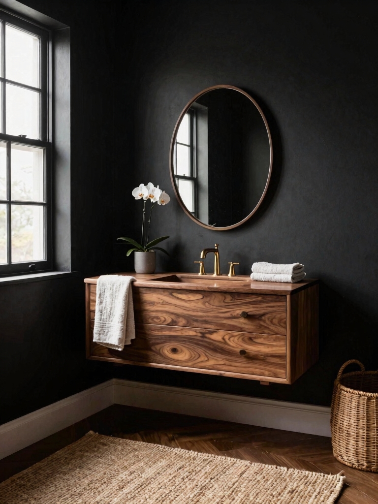 warm wood contrasts black decor